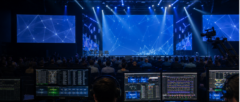 AV Production & Stage Management — conference venue with LED walls and technical control stations