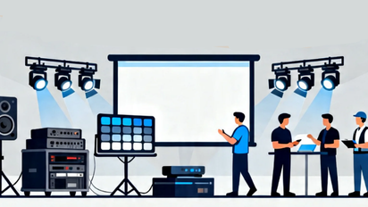 Equipment Rental — projection setup with LED screens, lighting rigs, PA systems, and event crew preparing stage
