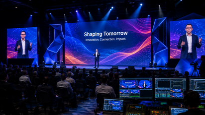 LED Stage Walls & Displays — large LED backdrop with vibrant gradient graphics and side screens at conference event
