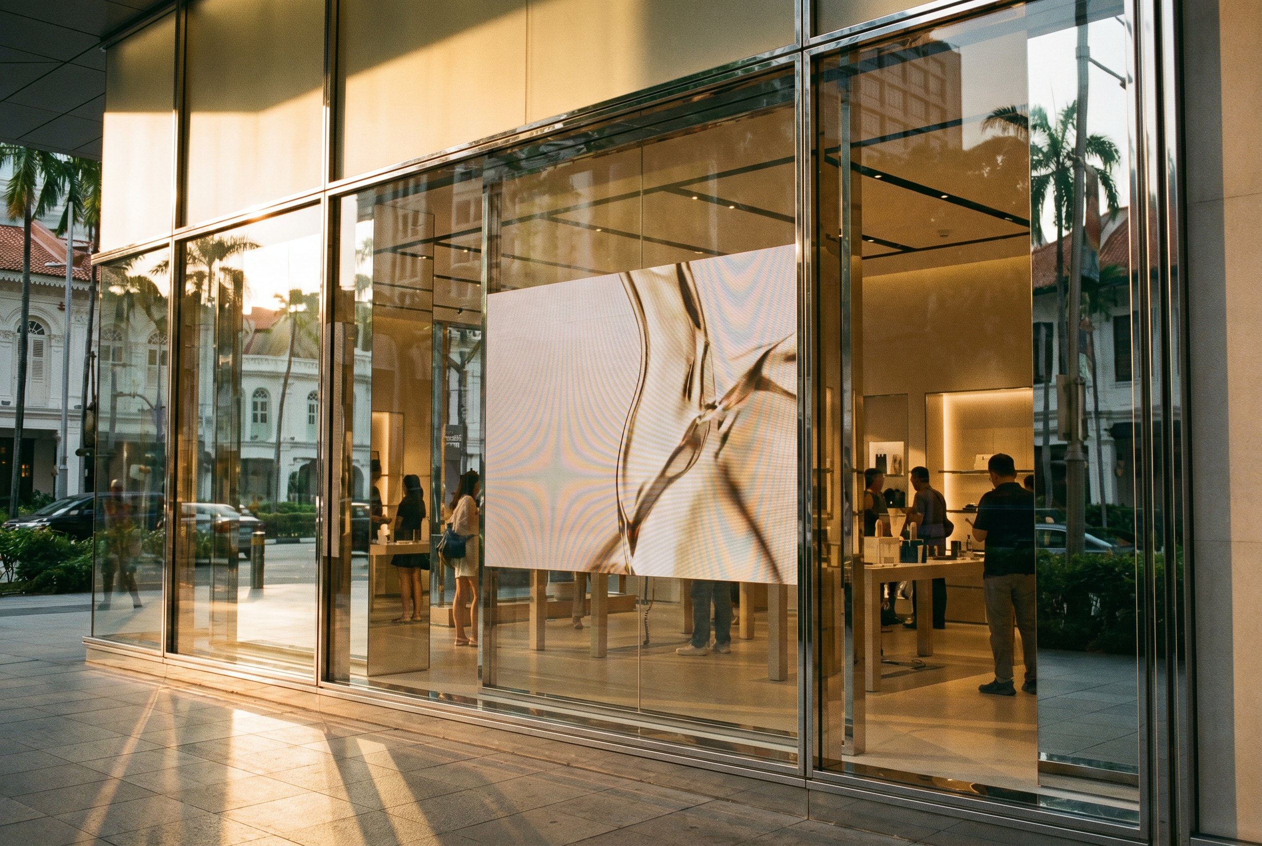 Transparent LED display in a luxury retail storefront on Orchard Road, Singapore, glowing softly in golden hour light