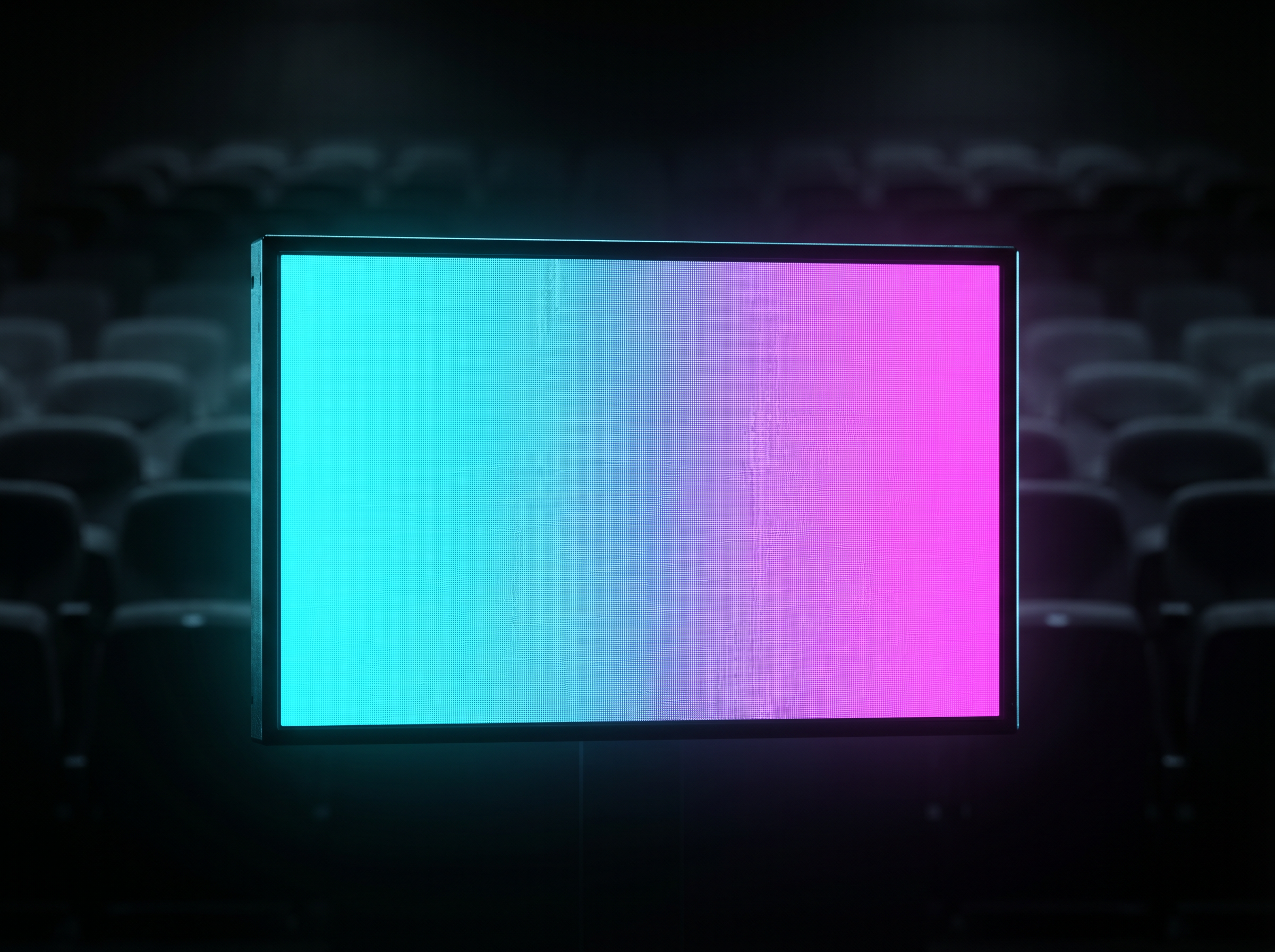 Close detail of a fine-pitch LED panel showing a smooth cyan-to-magenta gradient against a darkened auditorium