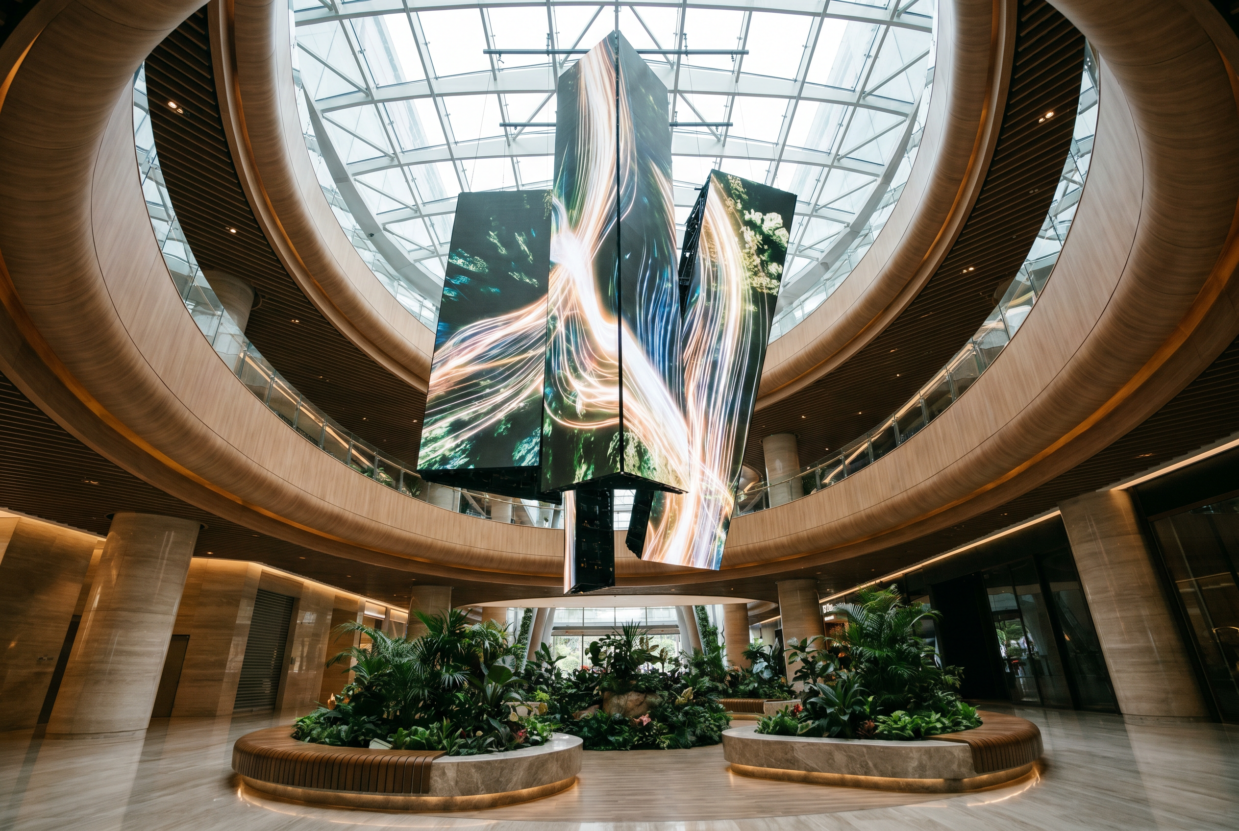 Singapore shopping mall atrium with a massive multi-screen LED installation hanging from the ceiling showing synchronized motion graphics