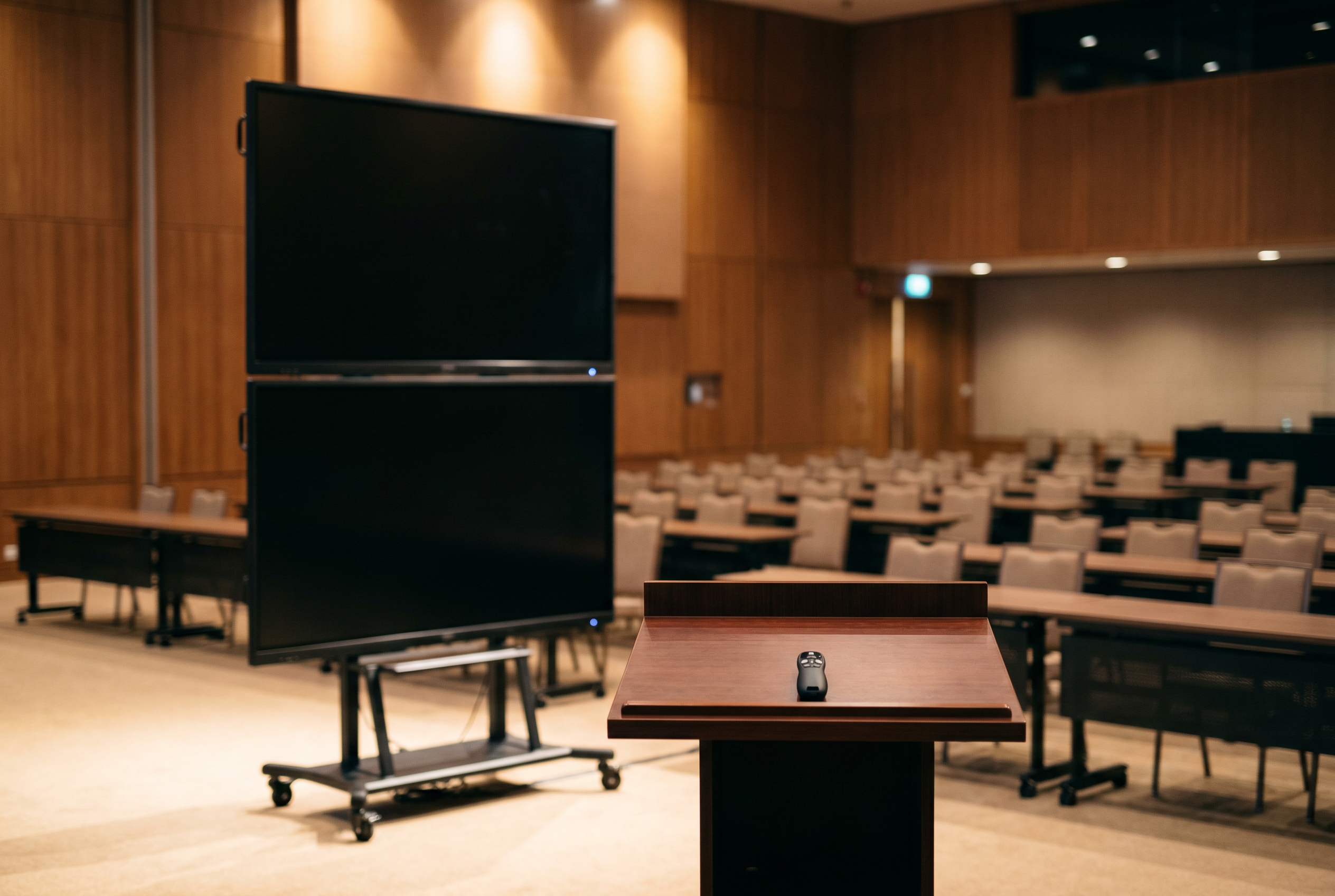 Singapore town-hall setup with two stacked 75 inch interactive displays on a mobile stand, soft stage lighting, wireless presentation remote in foreground