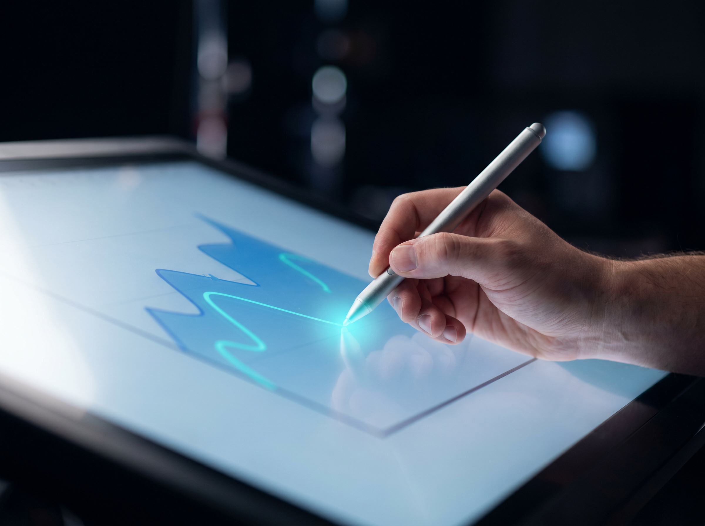 Close-up of a hand using a stylus to annotate on a 75 inch interactive flat panel display with a cyan graph