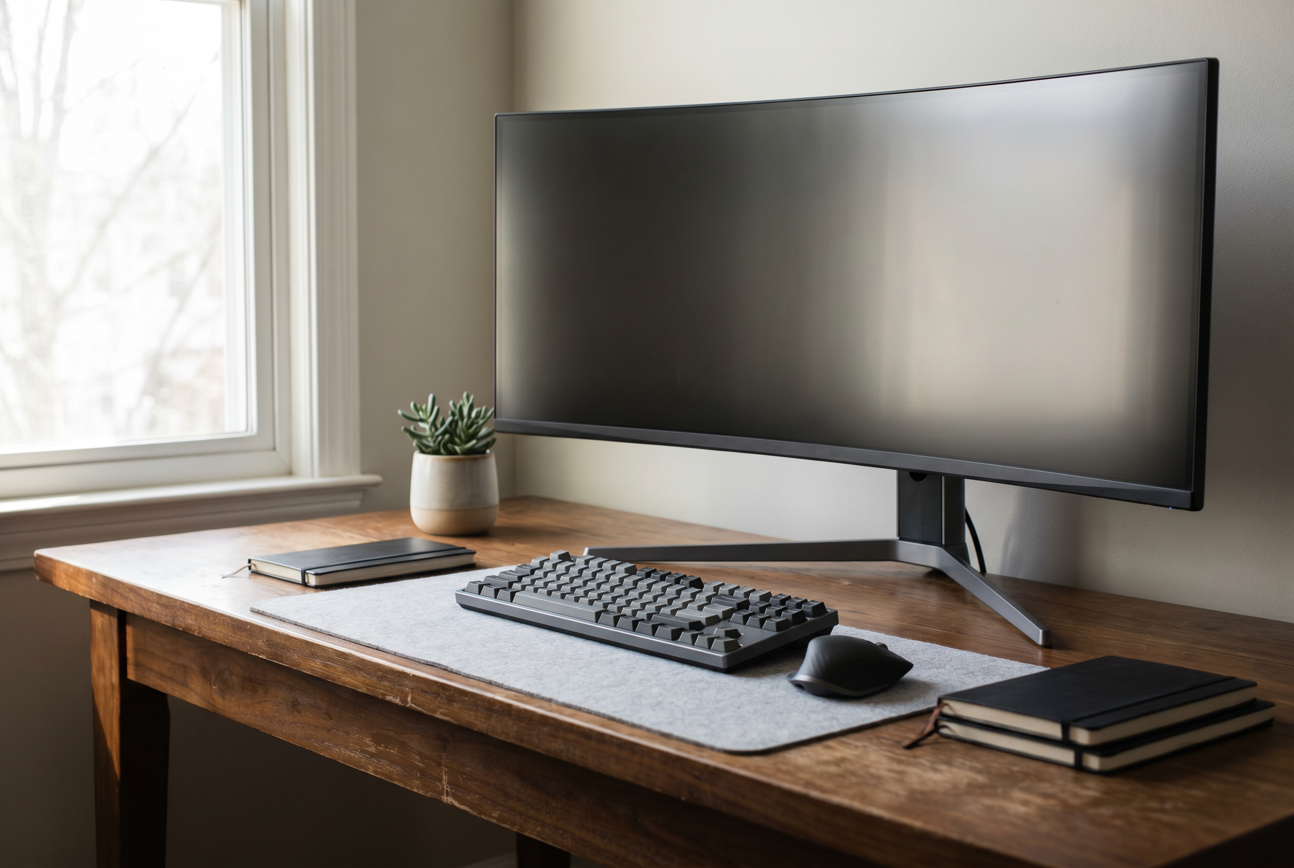 Clean desk setup with a single large ultra-wide monitor, wireless keyboard and a small potted plant, soft window light
