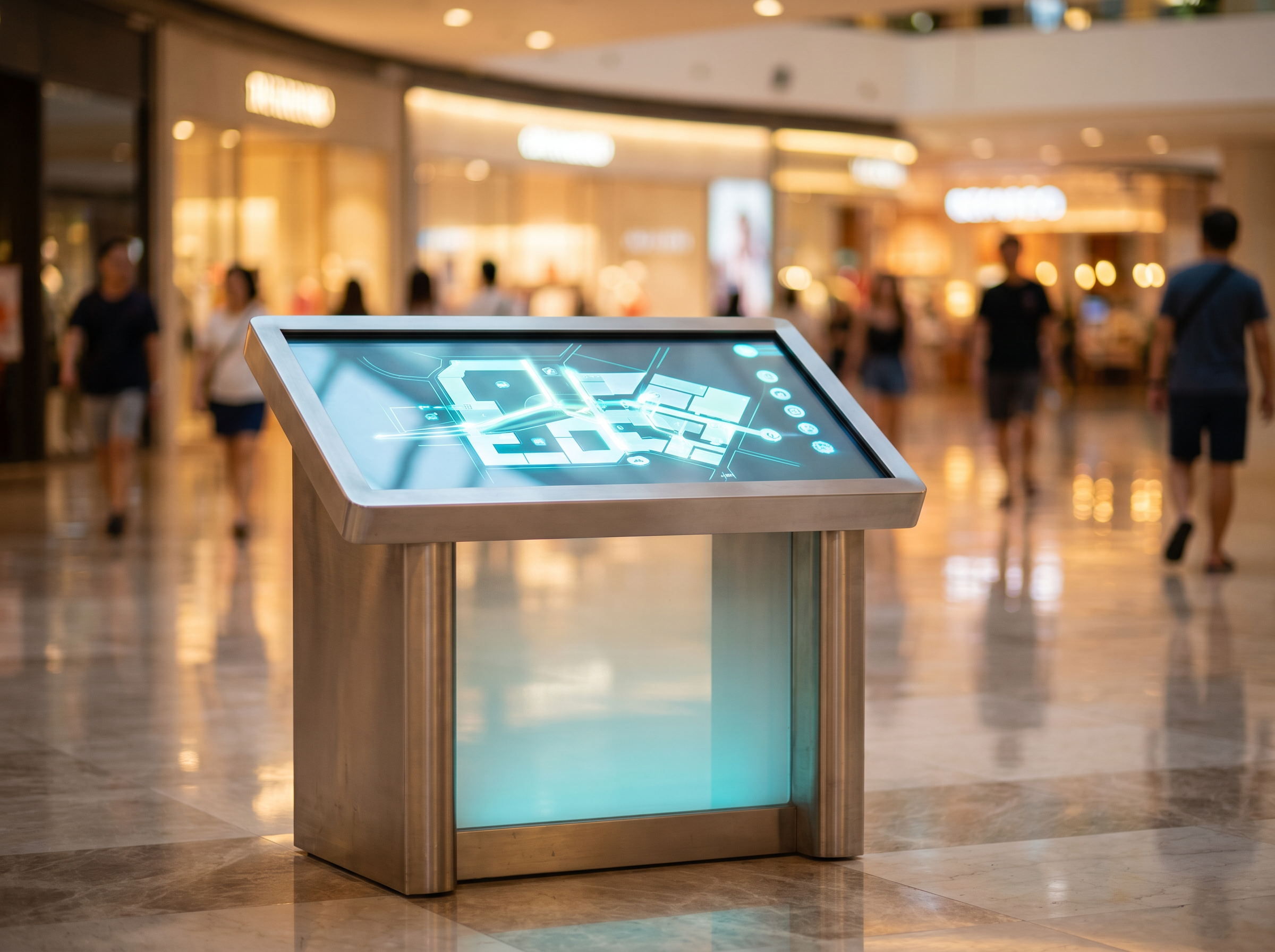 Freestanding interactive wayfinding kiosk in a Singapore shopping mall atrium with a soft cyan and white touchscreen map